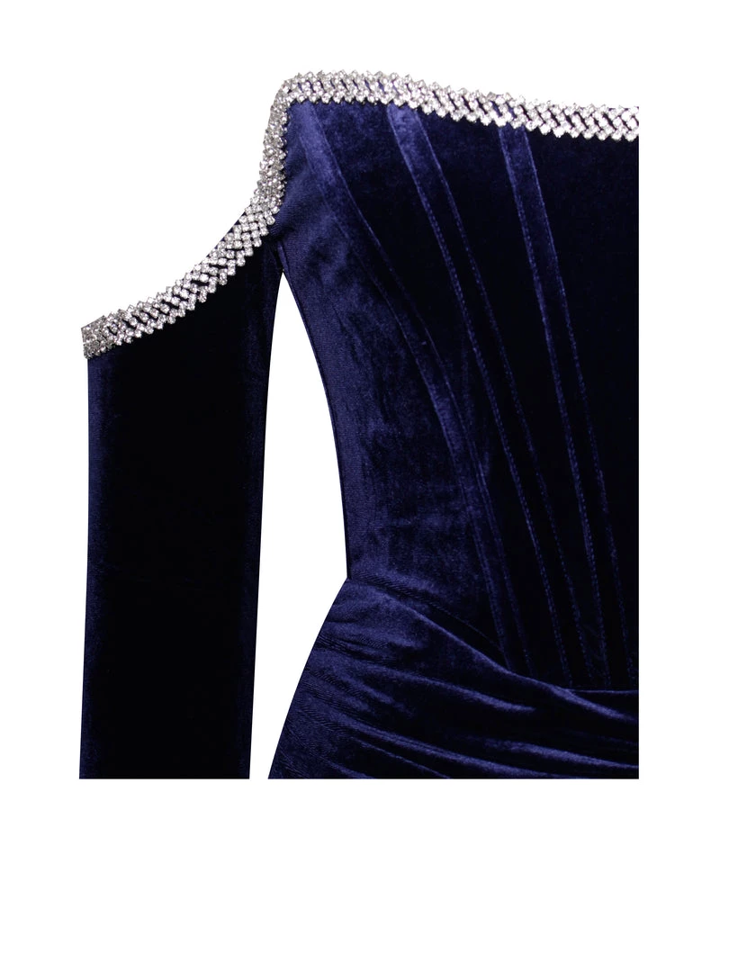 Miss Circle Odette Navy Velvet Off Shoulder Corset Dress With Crystal Trim