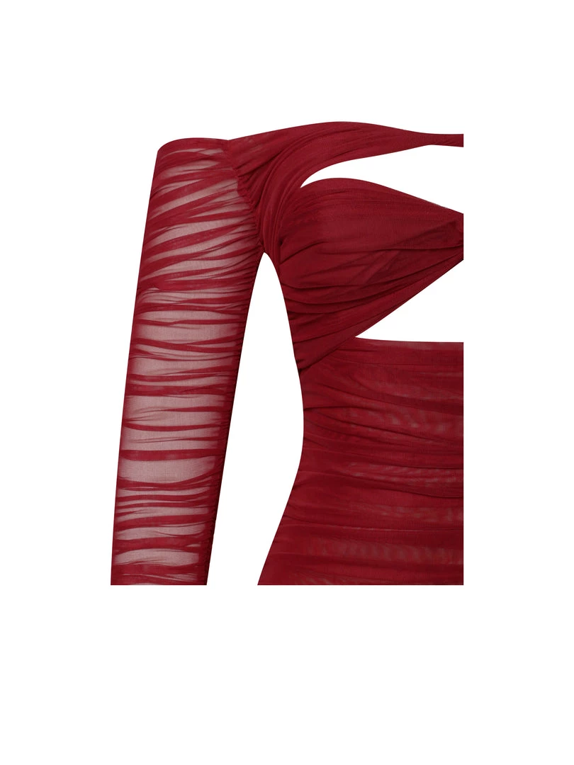 Miss Circle Terra Burgundy Mesh Off Shoulder Cutout Midi Dress Dresses