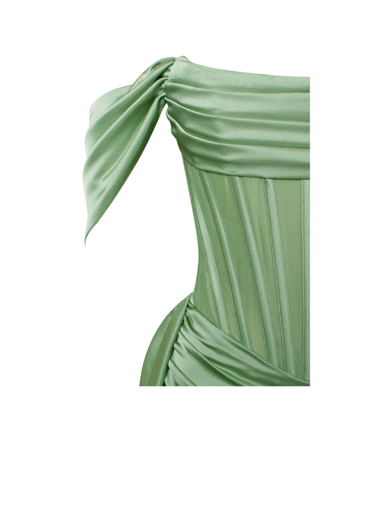 Miss Circle Corsets Kendal Basil Satin Draping Off Shoulder Corset Dress