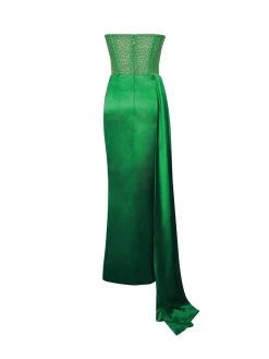 Miss Circle Holly Green Crystallized Corset High Slit Satin Gown