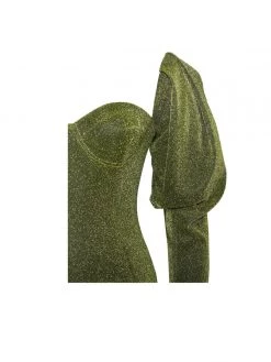 Miss Circle Verina Green Metallic Puff Shoulder Dress