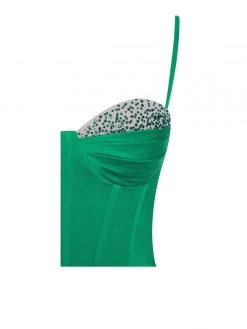 Miss Circle Vanity Green Satin High Slit Draping Corset Gown With Crystals