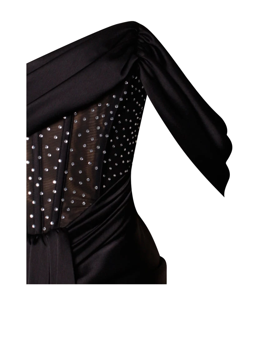 Miss Circle Stella Black Off Shoulder Crystal Corset Satin Gown