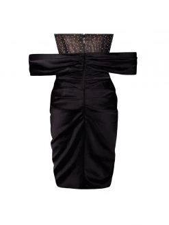 Miss Circle Darlene Black Off Shoulder Corset Satin Dress With Crystals Corsets