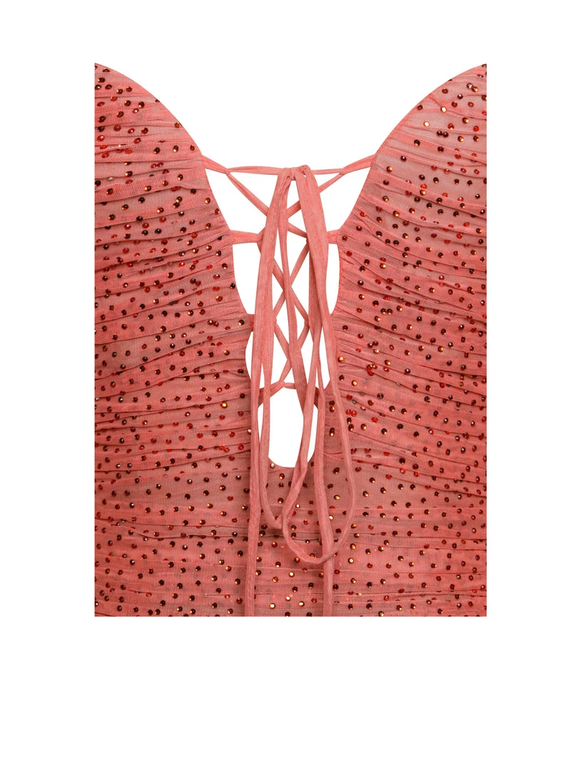 Miss Circle Dresses Blanca Poppy Off Shoulder Long Sleeve Mesh Dress With Crystals