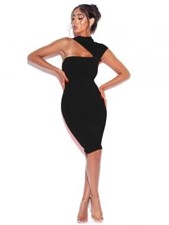 Miss Circle Dresses Jolene Black Asymmetric Neck Cutout Detail Stretch Crepe Dress