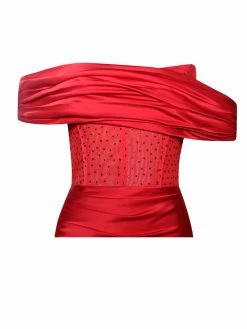 Miss Circle Norma Red Off Shoulder Crystallized Corset Satin Gown Corsets