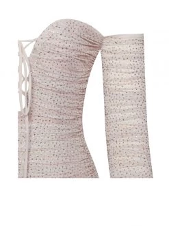 Miss Circle Blanca Beige Off Shoulder Long Sleeve Mesh Dress With Crystals
