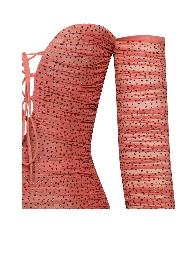 Miss Circle Dresses Blanca Poppy Off Shoulder Long Sleeve Mesh Dress With Crystals