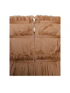 Miss Circle Best Sellers Iris Tan Off Shoulder Puff Sleeve Silk Pleated Maxi Dress