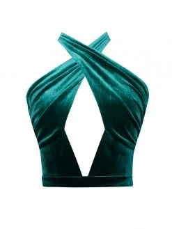 Miss Circle Rayna Teal Criss Cross High Slit Velvet Gown With Gloves Gowns