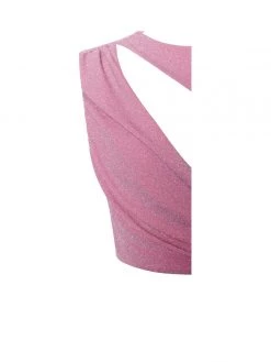 Miss Circle Teia Salmon Pink Metallic Jersey Cutout Top