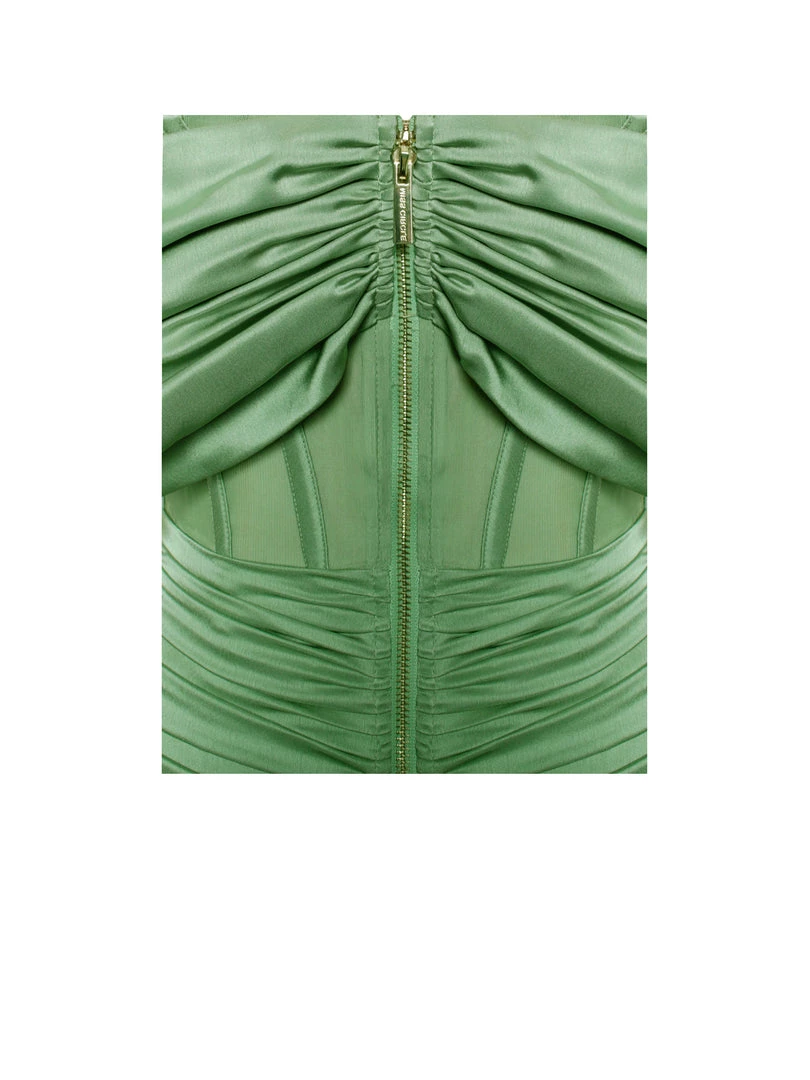 Miss Circle Corsets Kendal Basil Satin Draping Off Shoulder Corset Dress