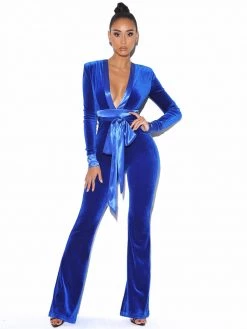 Miss Circle Glorious Royal Blue Long Sleeve Velvet Jumpsuit
