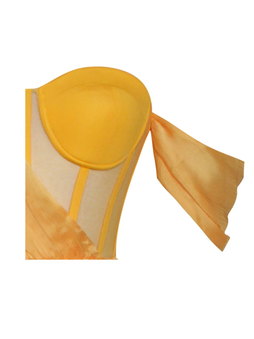 Miss Circle Back In Style Orange Silk Pleated Corset High Slit Maxi Dress