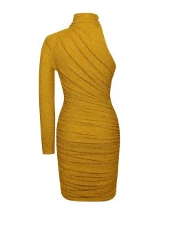 Miss Circle New In Starlight Gold Metallic One Sleeve Dress