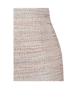 Miss Circle Blanca Beige Off Shoulder Long Sleeve Mesh Dress With Crystals