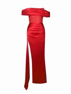 Miss Circle Norma Red Off Shoulder Crystallized Corset Satin Gown Corsets