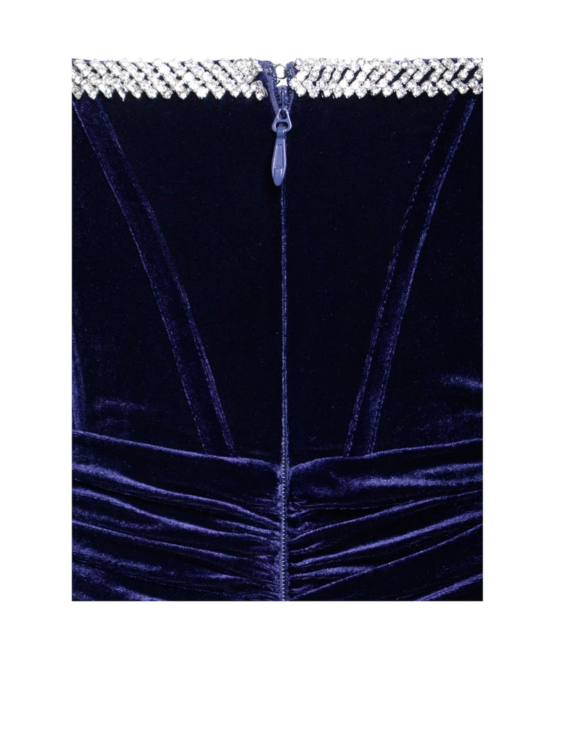 Miss Circle Odette Navy Velvet Off Shoulder Corset Dress With Crystal Trim