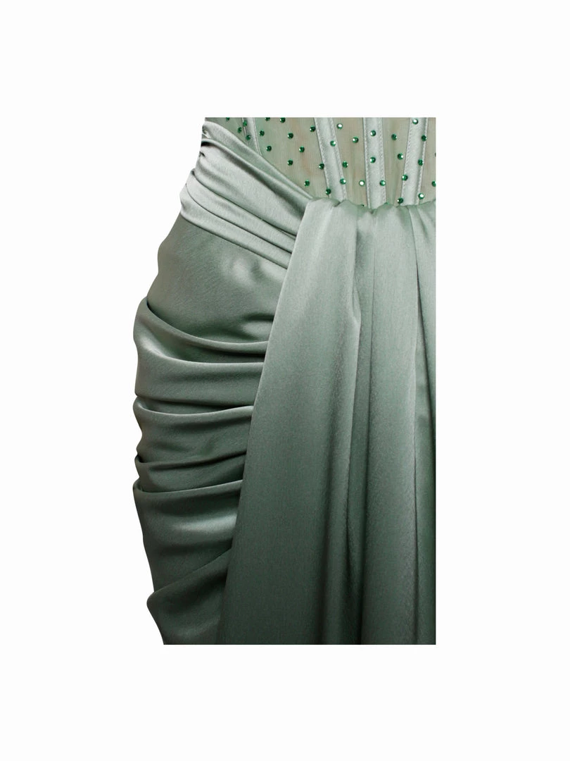 Miss Circle Stella Basil Off Shoulder Crystal Corset Satin Gown Corsets