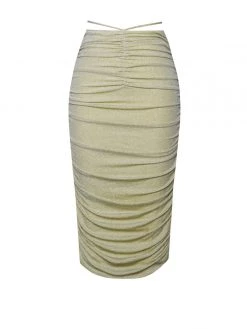Miss Circle Xoie Pale Yellow Ruched Metallic Jersey Skirt New In