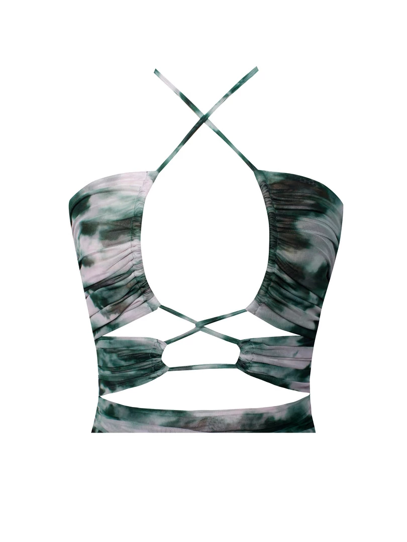 Miss Circle Sale Quincee Green Mesh Print Cutout Lace Up Dress