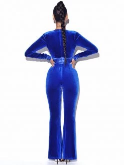 Miss Circle Glorious Royal Blue Long Sleeve Velvet Jumpsuit