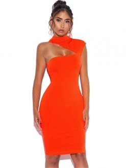 Miss Circle Jolene Orange Asymmetric Neck Cutout Detail Stretch Crepe Dress
