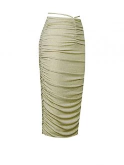Miss Circle Xoie Pale Yellow Ruched Metallic Jersey Skirt New In