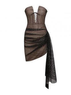 Miss Circle Lexie Black Metallic Fishnet Lace Up Draping Dress
