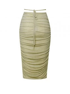 Miss Circle Xoie Pale Yellow Ruched Metallic Jersey Skirt New In