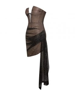 Miss Circle Lexie Black Metallic Fishnet Lace Up Draping Dress