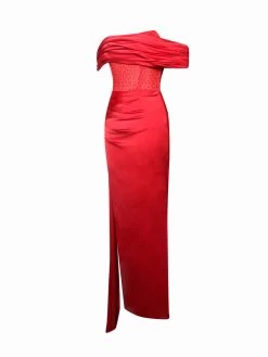 Miss Circle Norma Red Off Shoulder Crystallized Corset Satin Gown Corsets