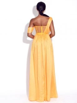 Miss Circle Back In Style Orange Silk Pleated Corset High Slit Maxi Dress