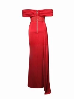 Miss Circle Norma Red Off Shoulder Crystallized Corset Satin Gown Corsets