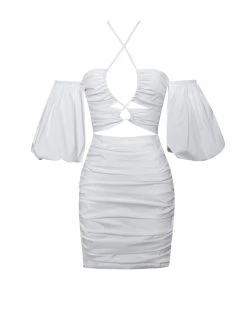 Miss Circle New In Kasey White Lace Up Halter Neck Puff Sleeve Dress
