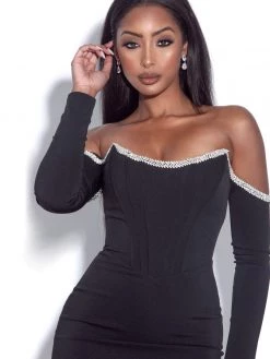 Miss Circle Corsets Annika Black Off Shoulder Long Sleeve Corset Dress With Crystal Trim