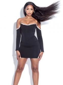 Miss Circle Corsets Annika Black Off Shoulder Long Sleeve Corset Dress With Crystal Trim