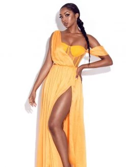 Miss Circle Back In Style Orange Silk Pleated Corset High Slit Maxi Dress