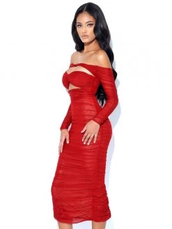 Miss Circle Terra Burgundy Mesh Off Shoulder Cutout Midi Dress Dresses