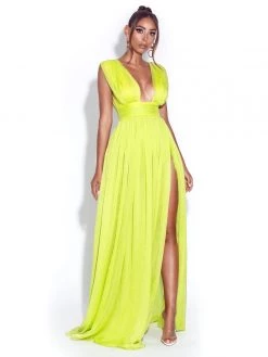 Miss Circle Valley Of Angels Lime Silk Pleated High Slit Maxi Dress