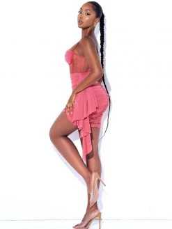 Miss Circle Yolie Salmon Pink Ruched Draping Mesh Corset Dress
