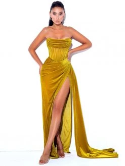 Miss Circle Priya Gold Draping Corset High Slit Velvet Gown