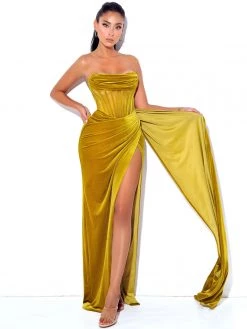 Miss Circle Priya Gold Draping Corset High Slit Velvet Gown