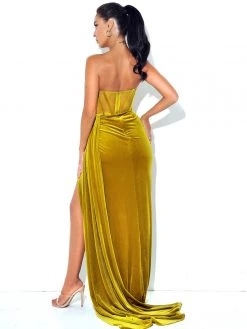 Miss Circle Priya Gold Draping Corset High Slit Velvet Gown