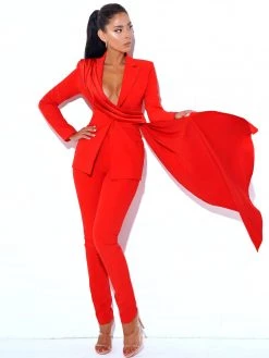 Miss Circle Vayla Red Skinny Fit Crepe Trousers