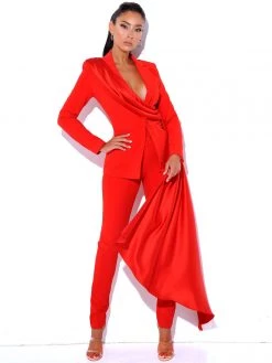 Miss Circle Vayla Red Skinny Fit Crepe Trousers