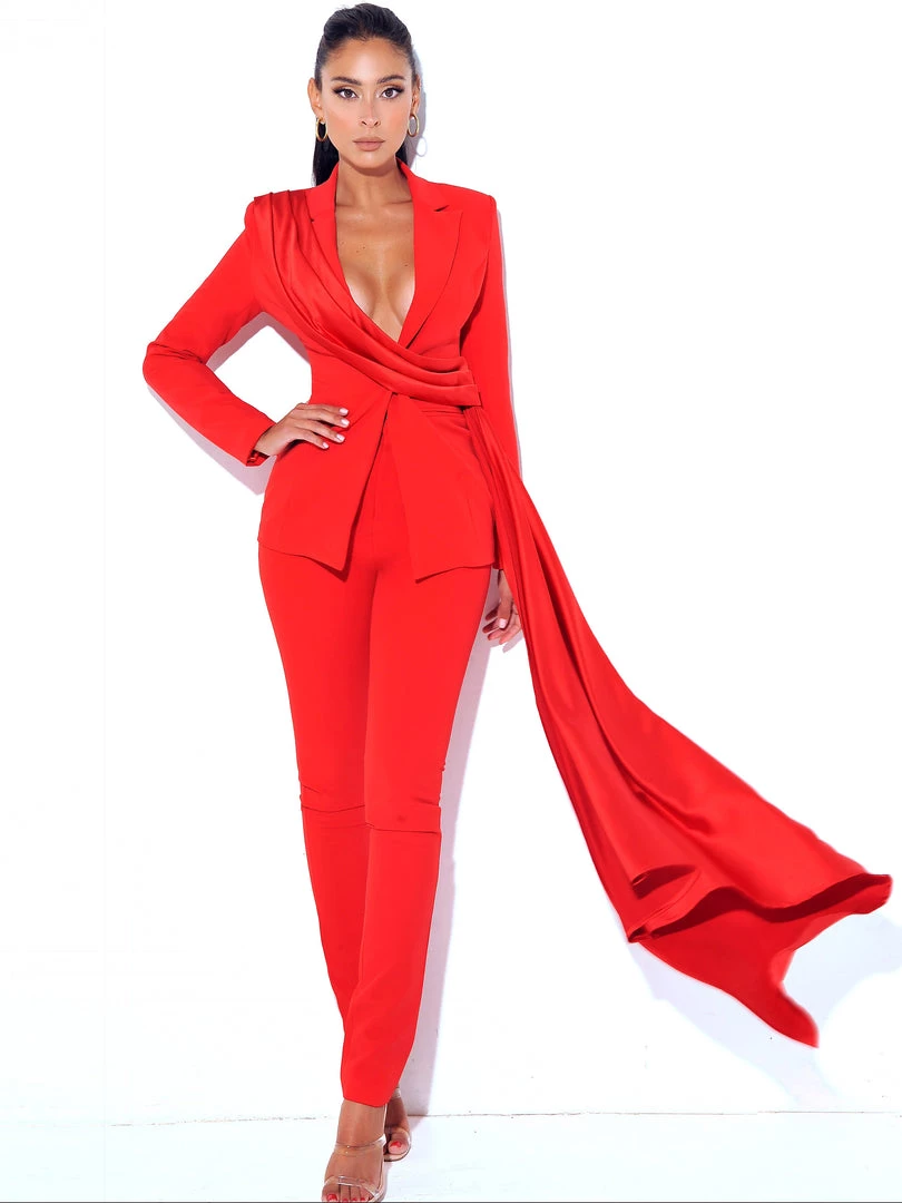 Miss Circle Vayla Red Skinny Fit Crepe Trousers
