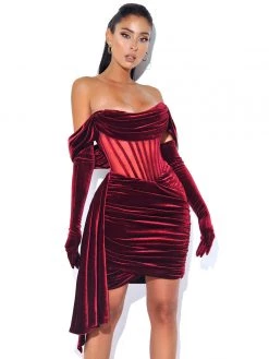 Miss Circle Corsets Irisa Burgundy Draping Off Shoulder Corset Dress