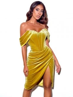 Miss Circle Corsets Omaria Gold Velvet Off Shoulder Corset Dress